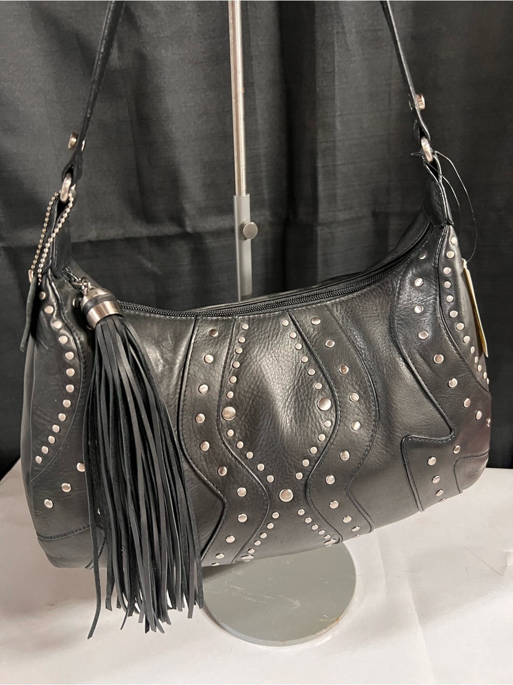 Black Studded Leather Shoulder Bag with Tassel NWT